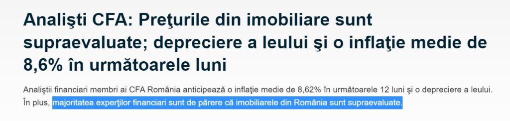 Majoritatea analistilor si expertilor financiari CFA Romania considera ca imobiliarele sunt supraevaluate